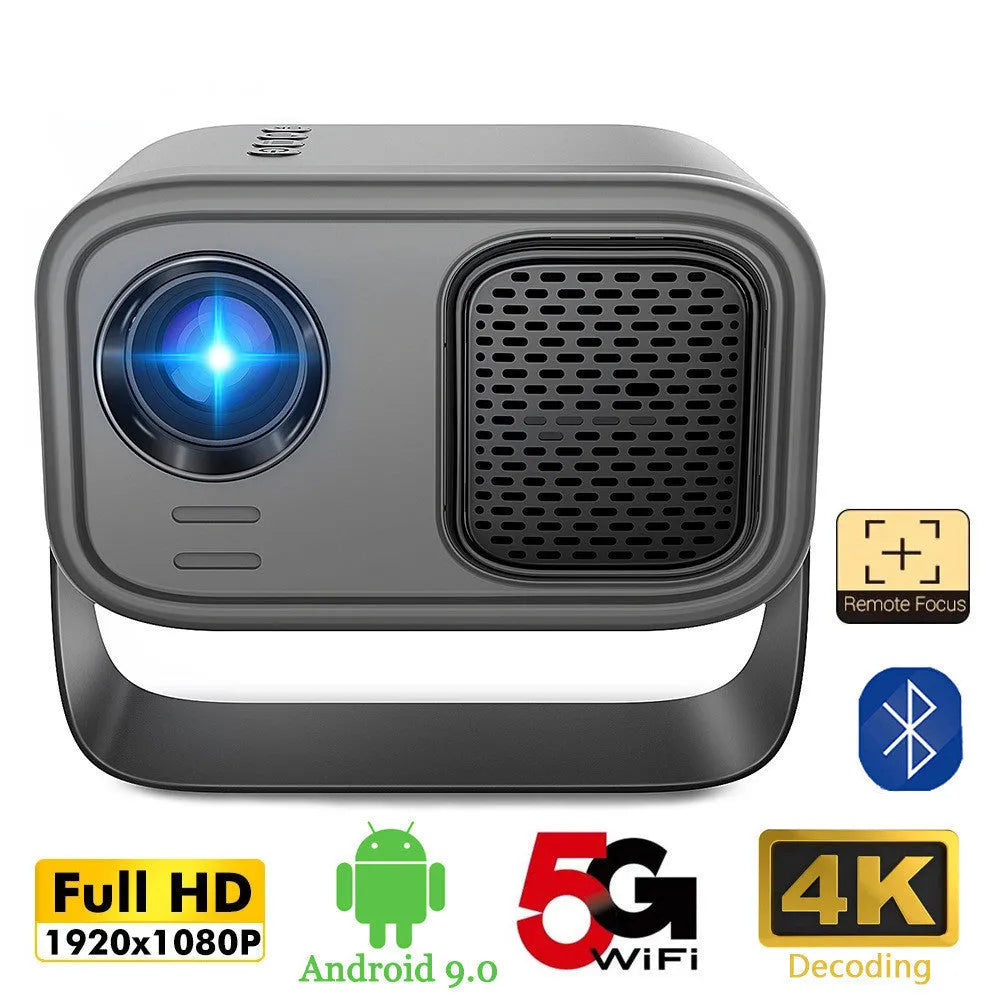Black portable HD projector with remote control and multiple international power plugs