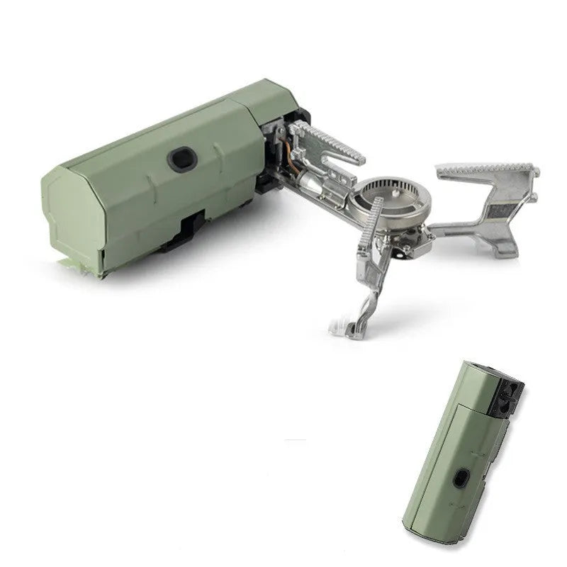 Green folding camping gas stove with serrated cooking bracket and adjustable control valve