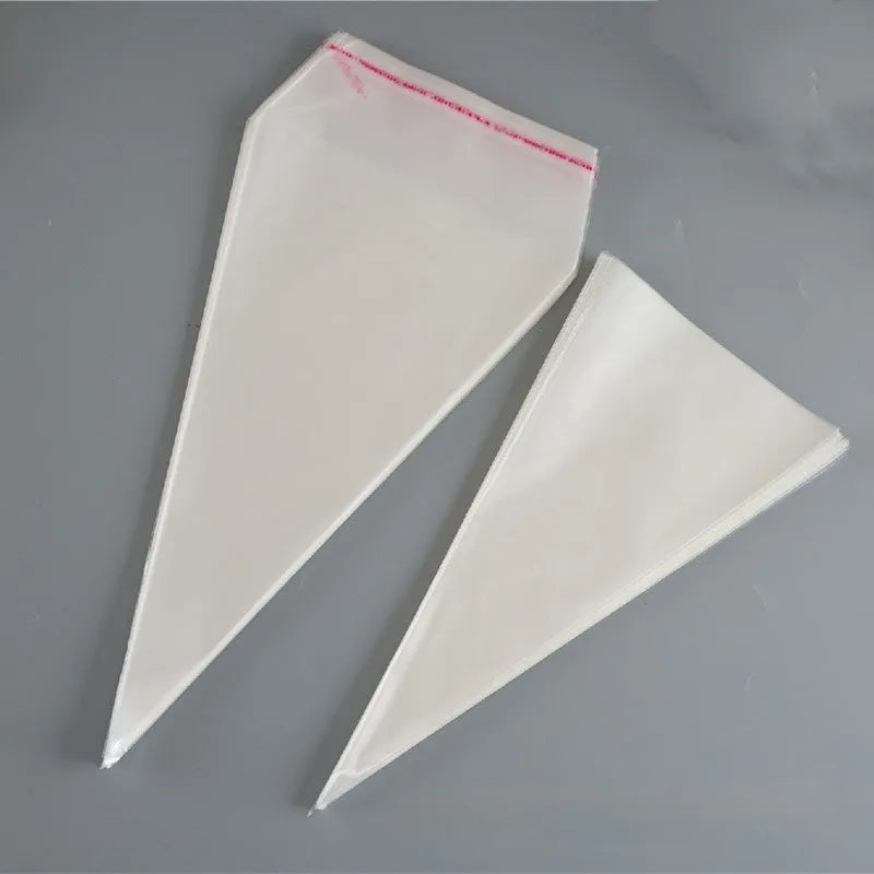 Clear triangular plastic gift bags with visible tie wire closure in three different size options