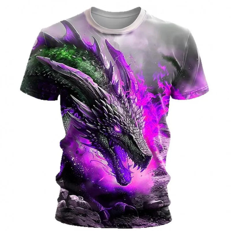 Men's grey T-shirt with a detailed 3D blue wind dragon print across the chest.