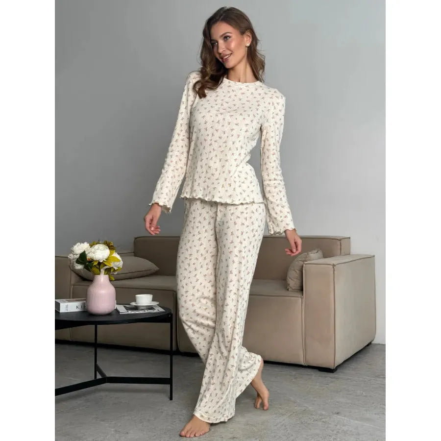 Women's white floral print bell sleeve top and wide leg trousers casual suit