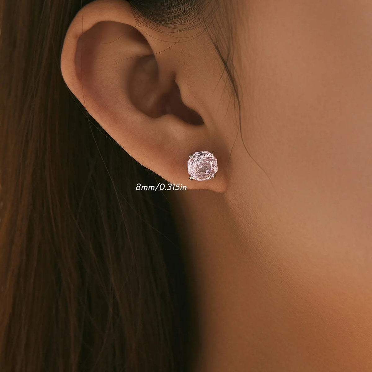 S925 sterling silver rose stud earrings in 6mm and 8mm sizes with pink floral design