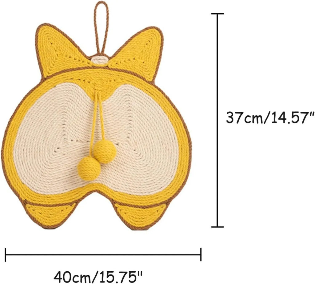 Yellow Corgi butt design cat scratch pad made from sisal with adhesive hooks and anti-slip base.
