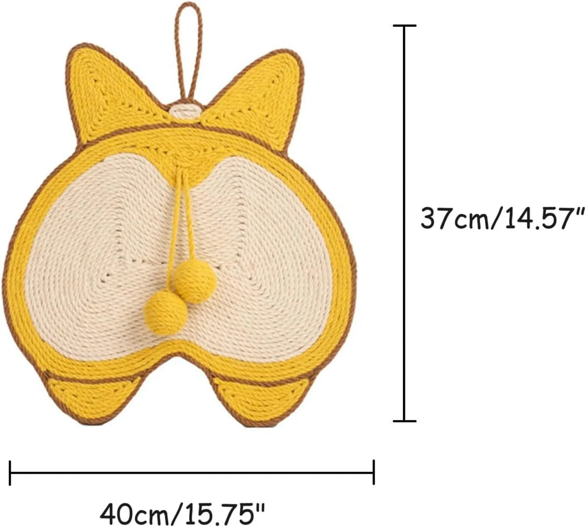 Yellow Corgi butt design cat scratch pad made from sisal with adhesive hooks and anti-slip base.
