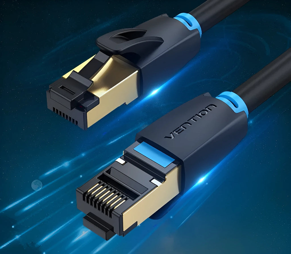 CAT8 Ethernet network cable with RJ45 connectors, shown in flat and round style options