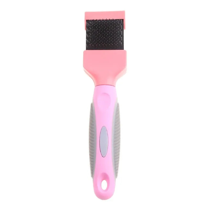 Double sided pet grooming brush with stainless steel pins and blue ABS handle shown from multiple angles