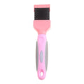 Double sided pet grooming brush with stainless steel pins and blue ABS handle shown from multiple angles