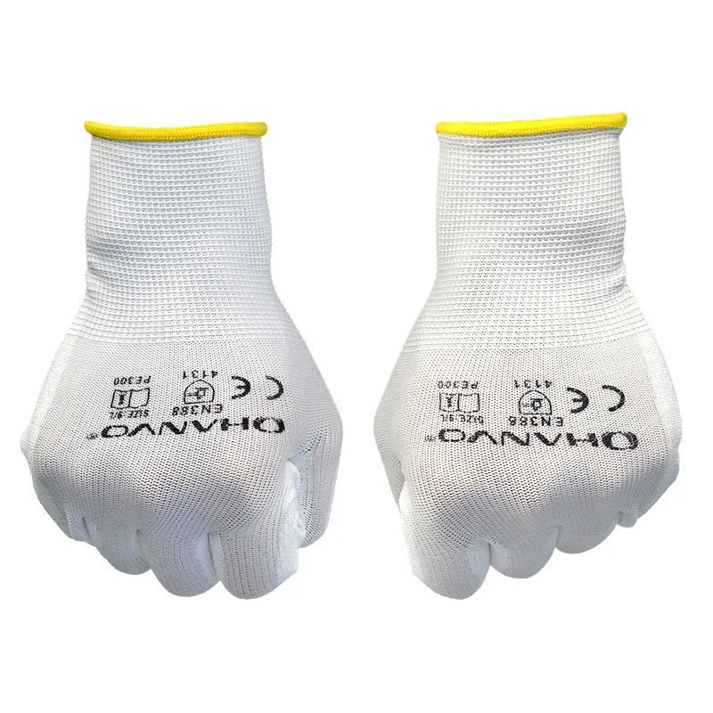 White PU coated labour gloves showing flexible construction and extended 24cm wrist coverage