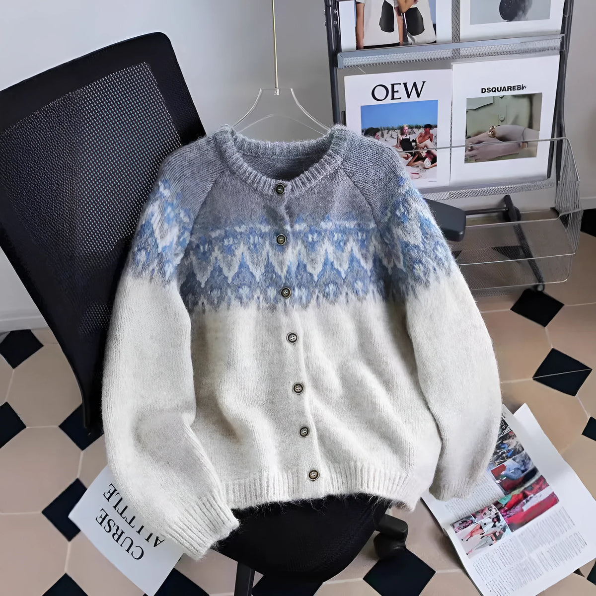Women's contrast colour jacquard thick sweater coat in loose free size fit.