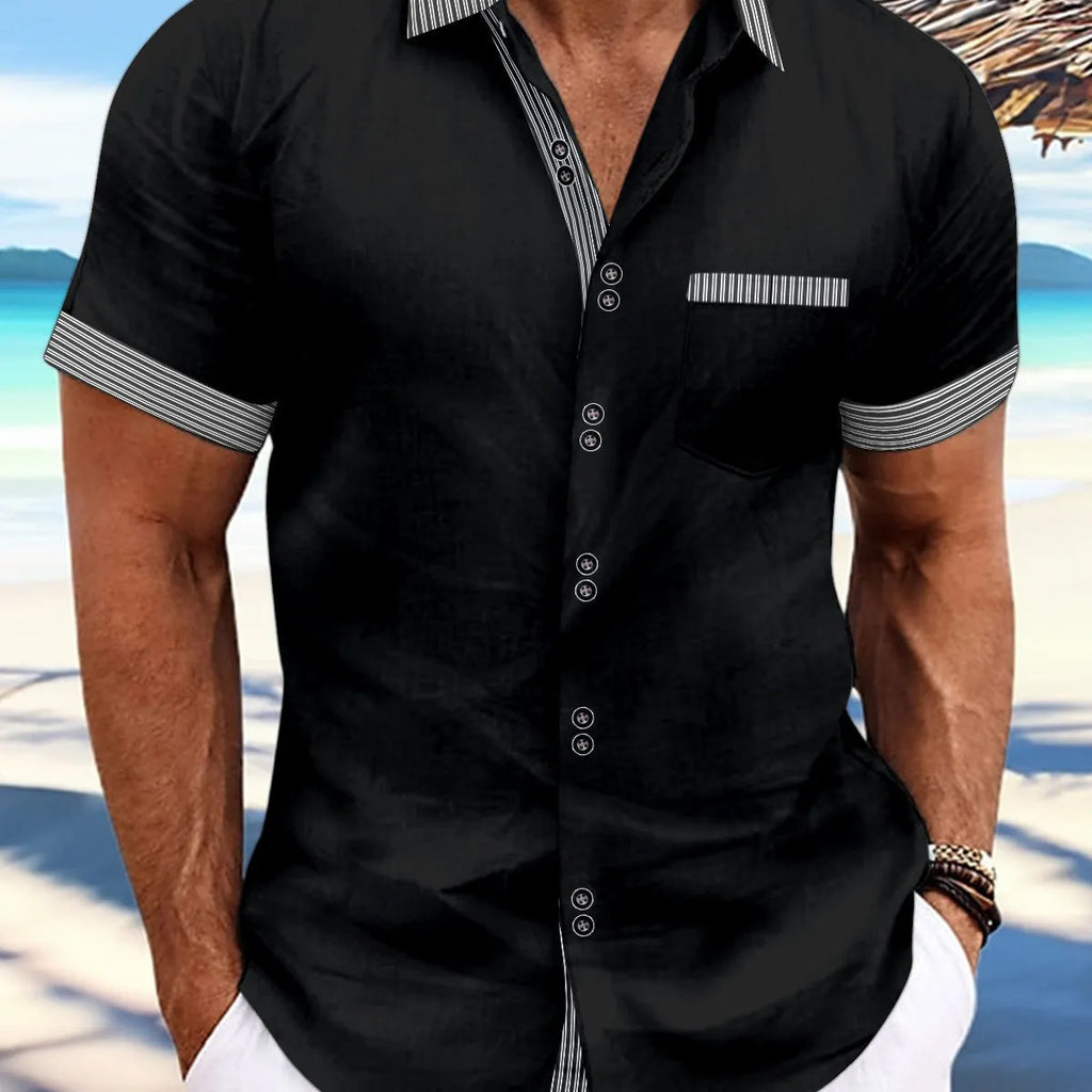 Man wearing a slim fit striped short sleeve casual shirt in pure cotton.