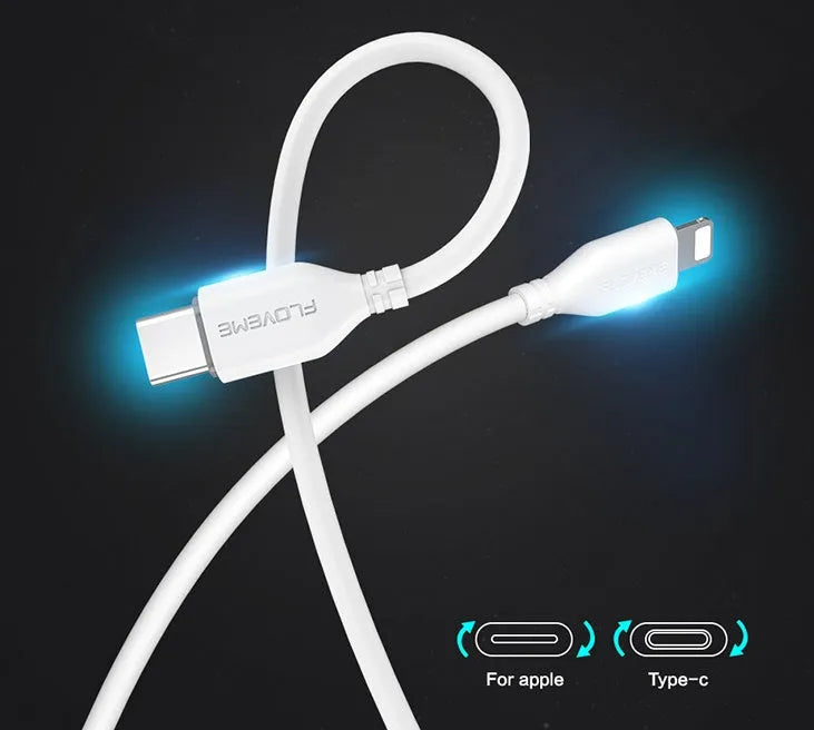 White USB-C to Lightning charging cable for iPhone on a plain background