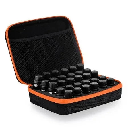 Red EVA cube-shaped essential oil storage bag holding 30 bottles, mounted on a wall.