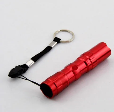 Black aluminium mini LED flashlight showing compact size next to a AA battery for scale.