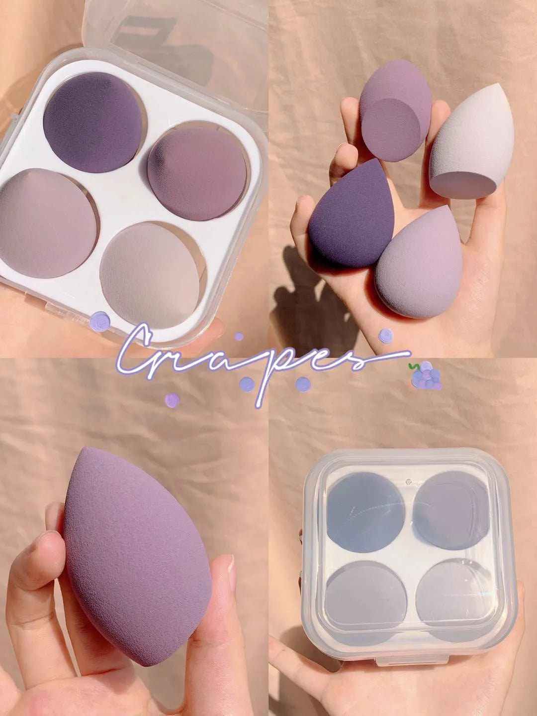 Four colourful makeup sponge eggs in grape, mango, mint and peach colours for cosmetic application