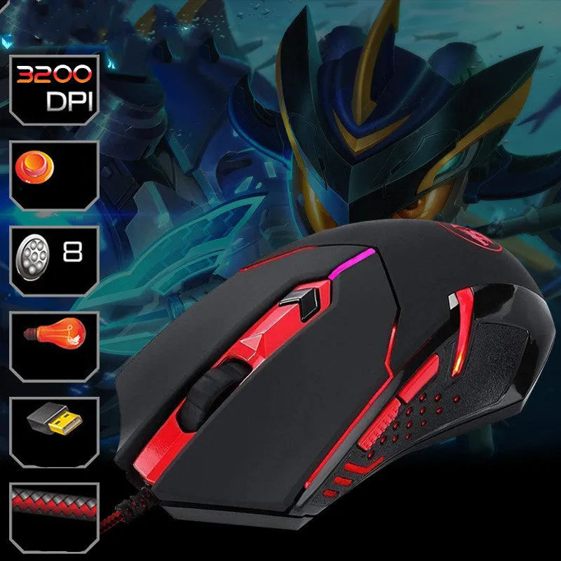 Black and red wired USB optical gaming mouse with six buttons on a desk