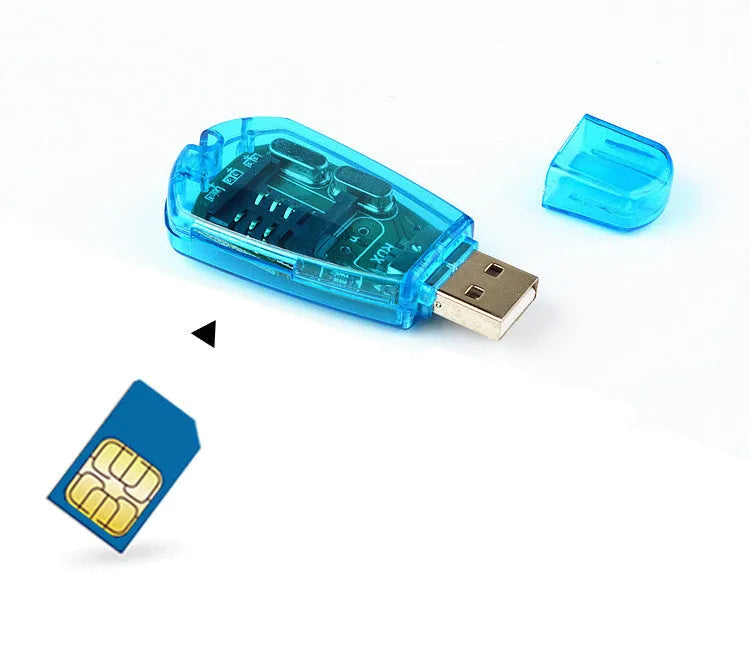 Blue mobile phone SIM card reader with USB connector for data backup.