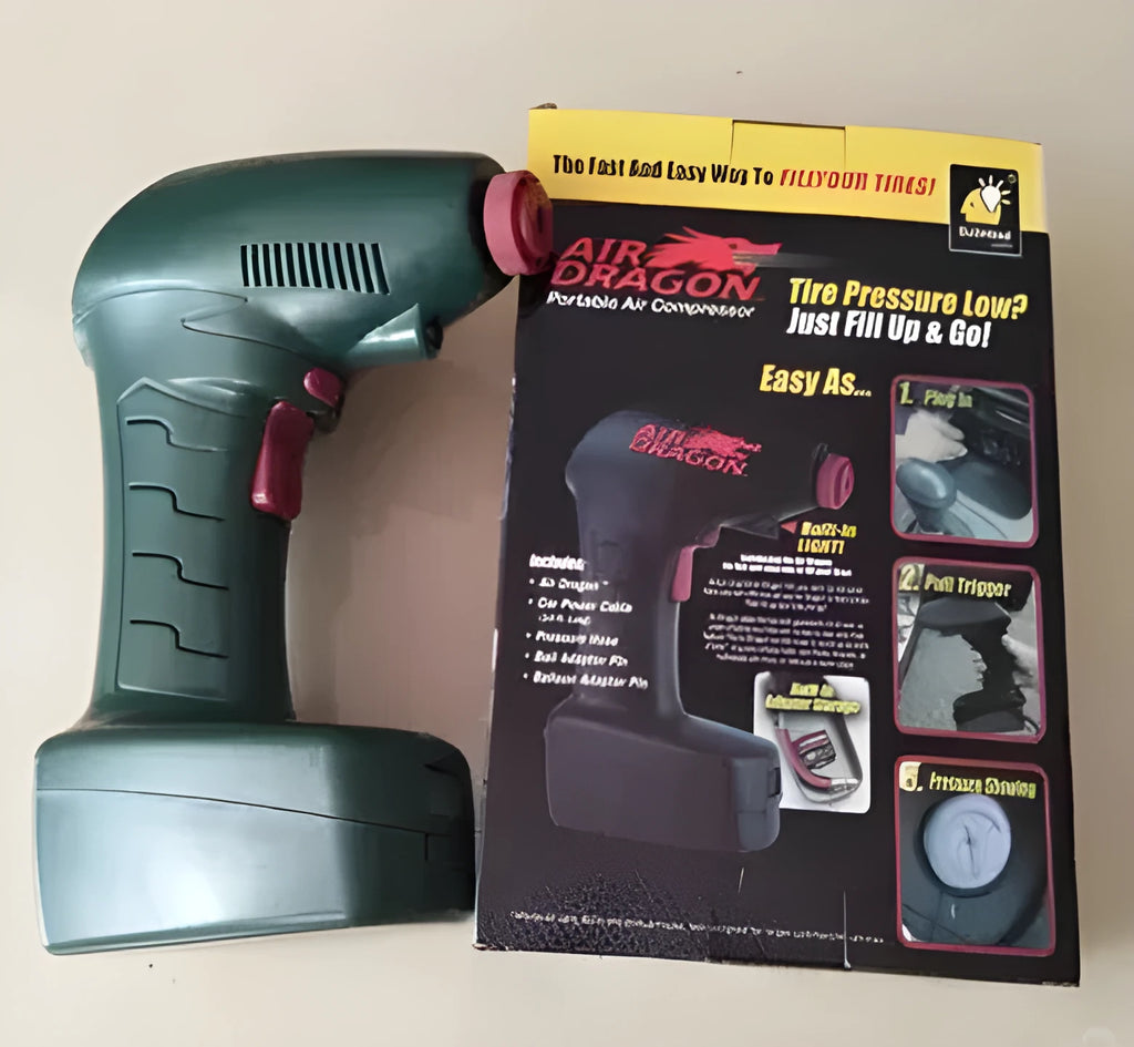 Portable 12V electric car tyre air pump and inflator unit with hose.