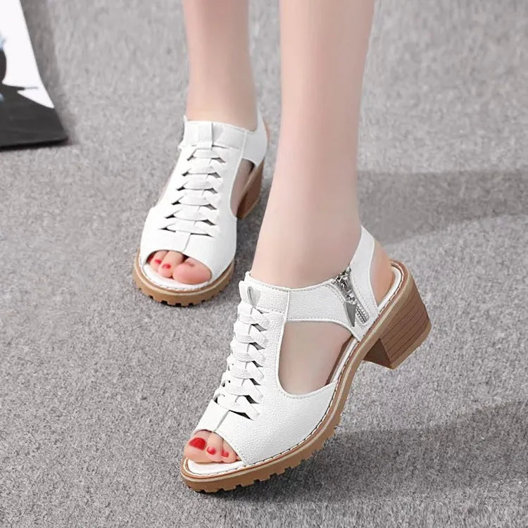 Women's retro sandals with side zipper and medium heel in black, creamy white, and white colours