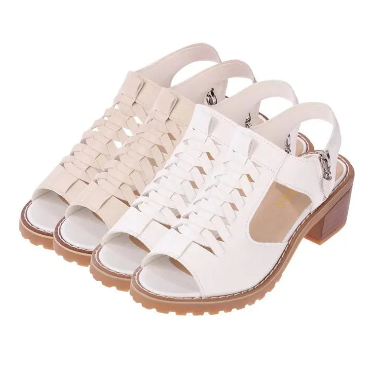 Women's retro sandals with side zipper and medium heel in black, creamy white, and white colours