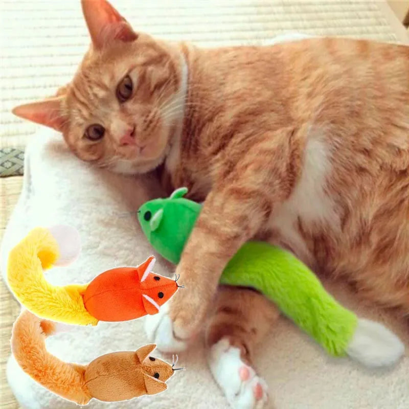 Plush cat mouse toy with mint refill, available in green, blue, orange, and coffee