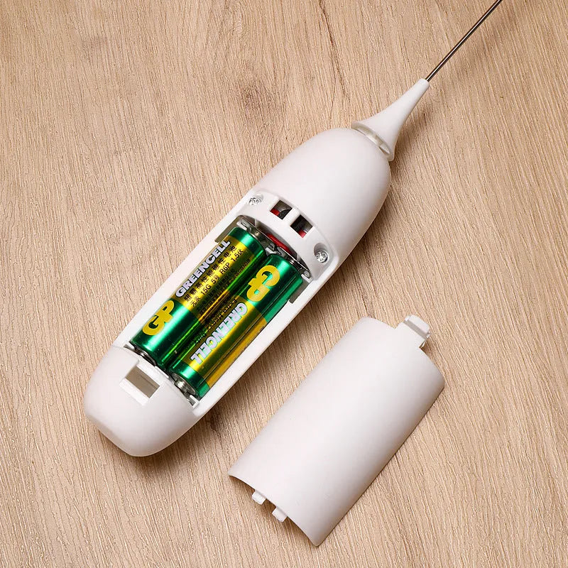 Handheld electric milk frother and blender in modern simple design, shown in black and white colour options.