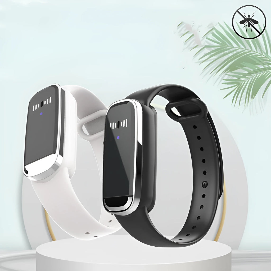 Black and white ultrasonic mosquito repellent bracelet with USB charging cable showing compact 35x56x92mm dimensions