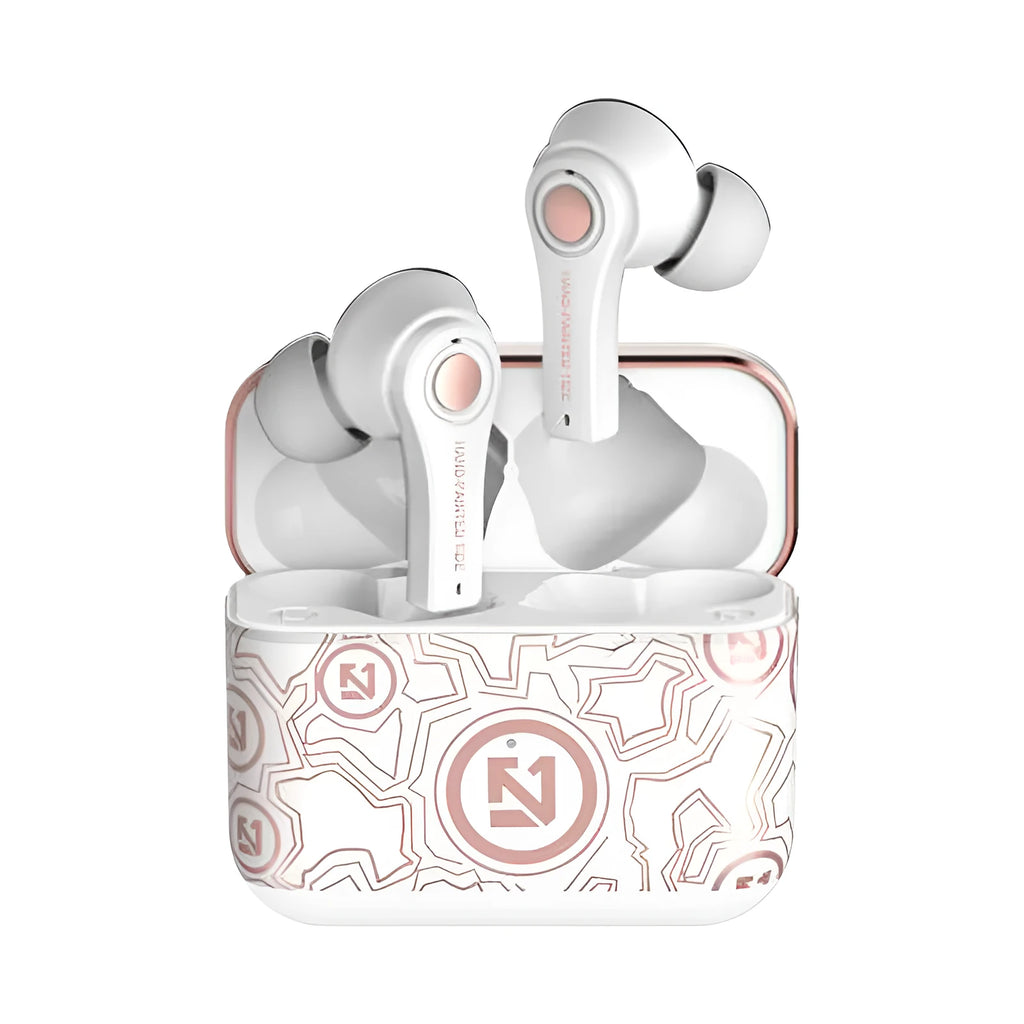 Black and white wireless Bluetooth headset with 15-18 metre range and Everblue 5.0 connectivity