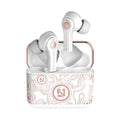 Black and white wireless Bluetooth headset with 15-18 metre range and Everblue 5.0 connectivity