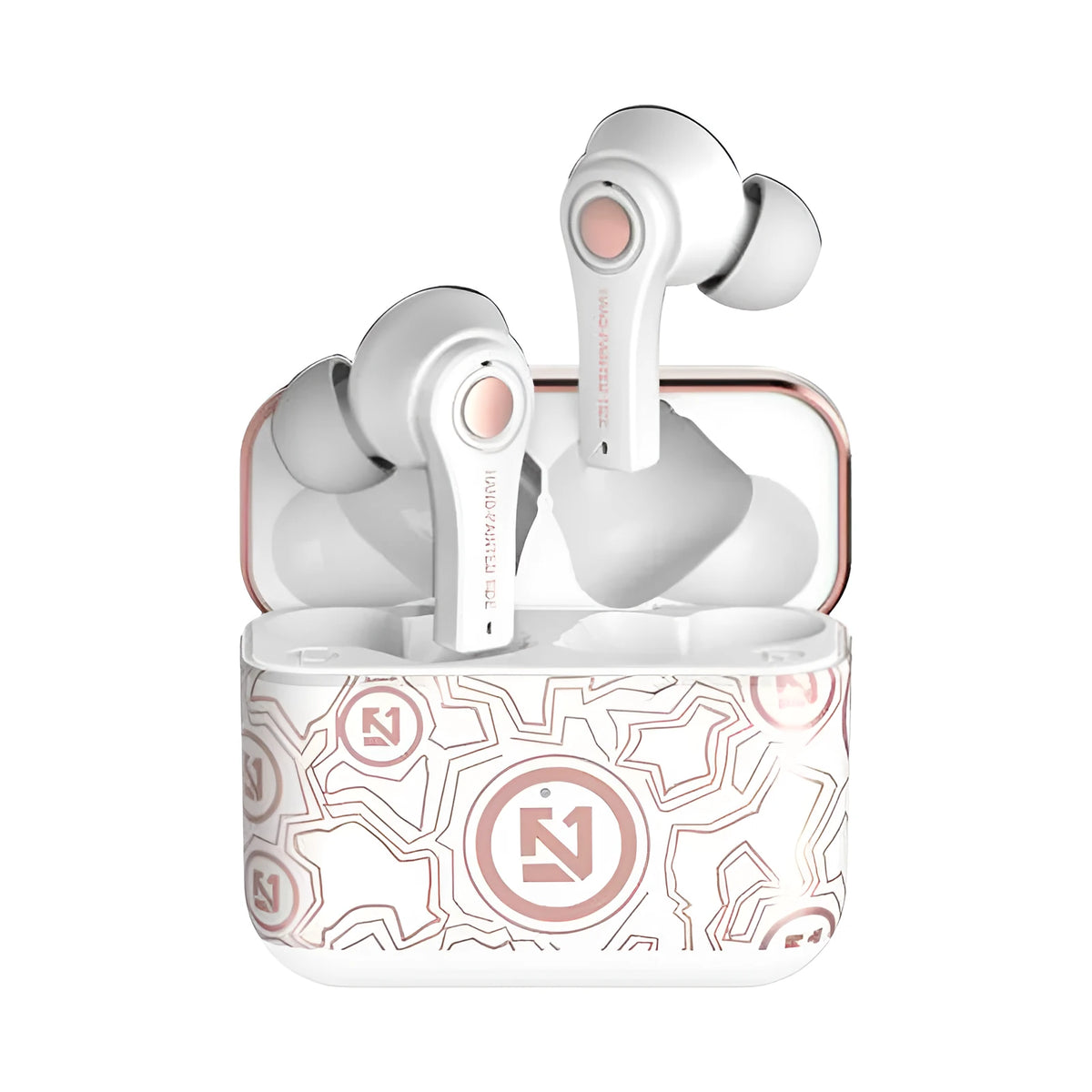 Black and white wireless Bluetooth headset with 15-18 metre range and Everblue 5.0 connectivity