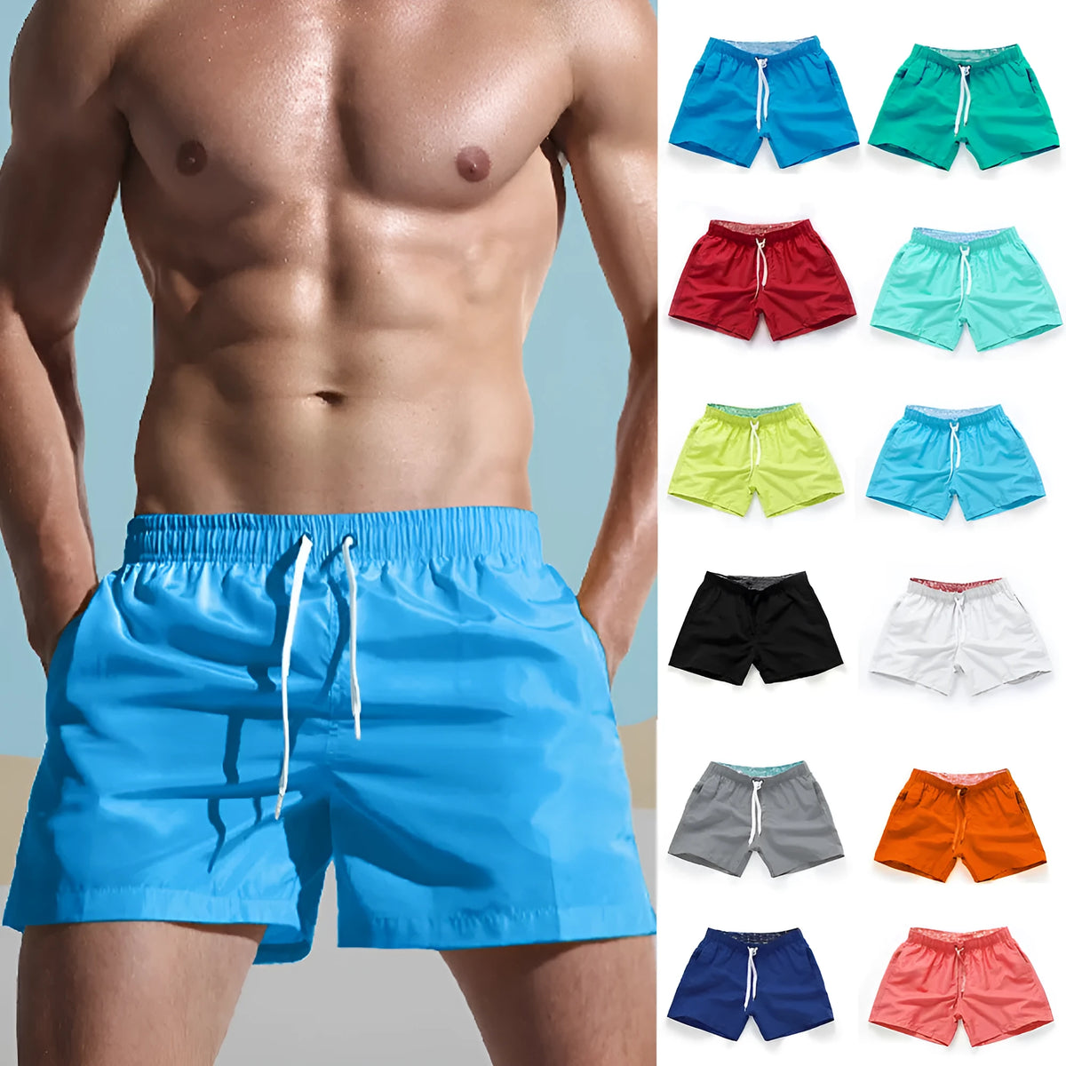 Men's polyester beach shorts in black with straight leg opening and grinded fabric texture available in sizes S to 4XL