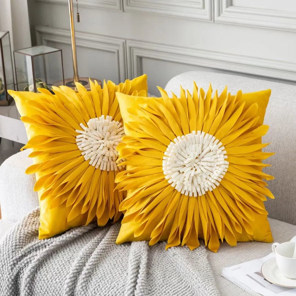45cm velvet cushion cover with 3D tufted chrysanthemum front, fringed hem and bottom zip, shown in blue