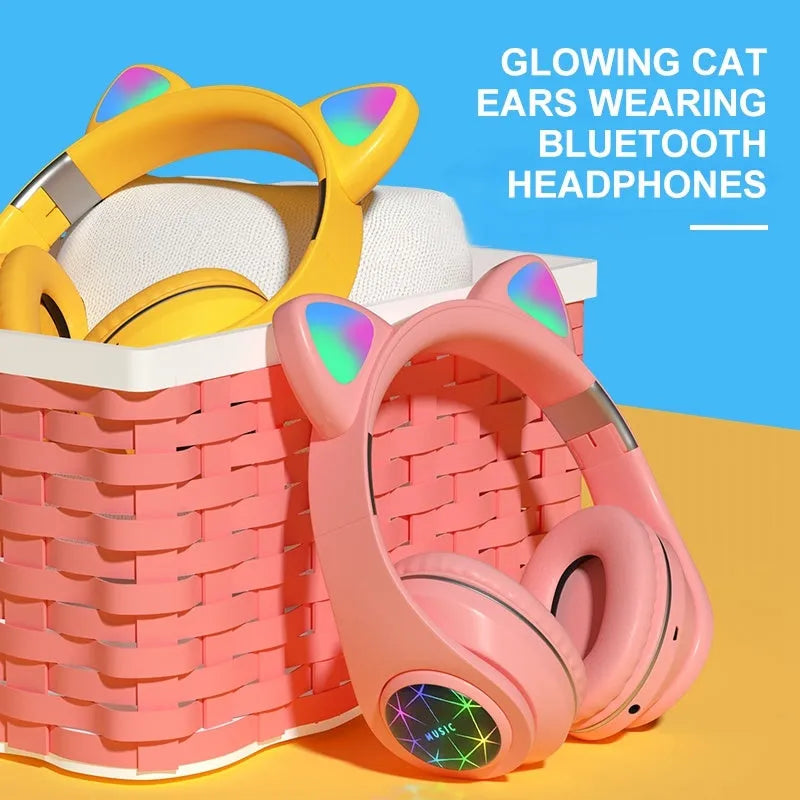 Cat ear wireless Bluetooth sports headset shown in multiple colours including pink, blue, and yellow on a white background.