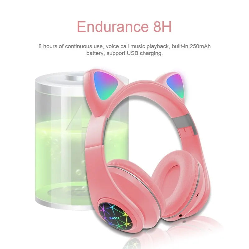 Cat ear wireless Bluetooth sports headset shown in multiple colours including pink, blue, and yellow on a white background.