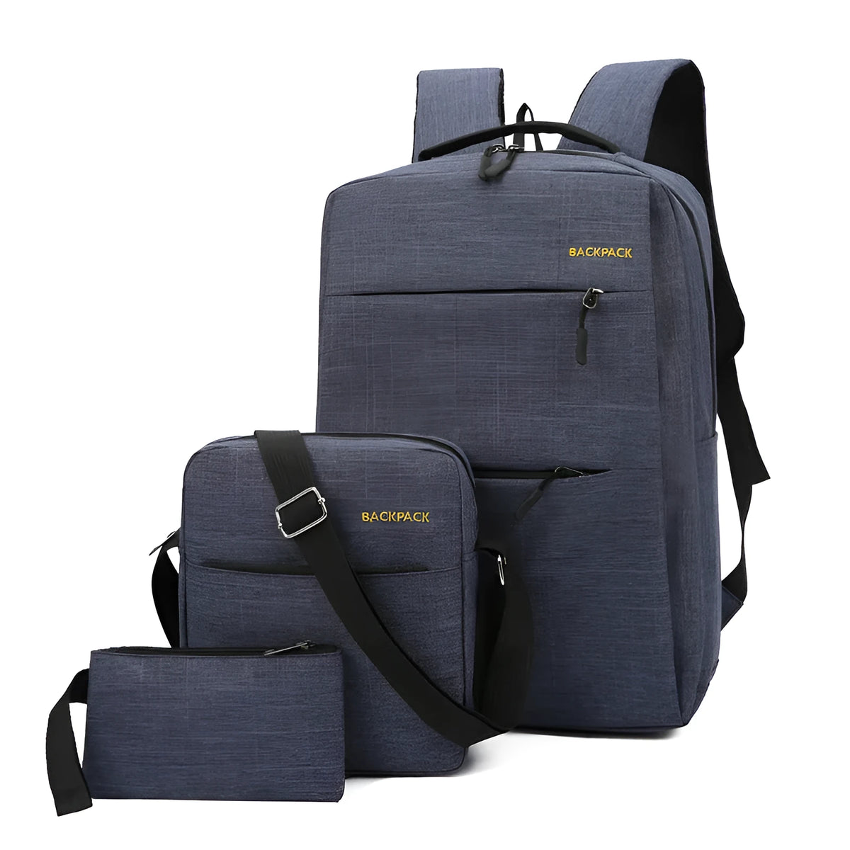 Men's USB charging computer bag three-piece set in black nylon with multiple compartments