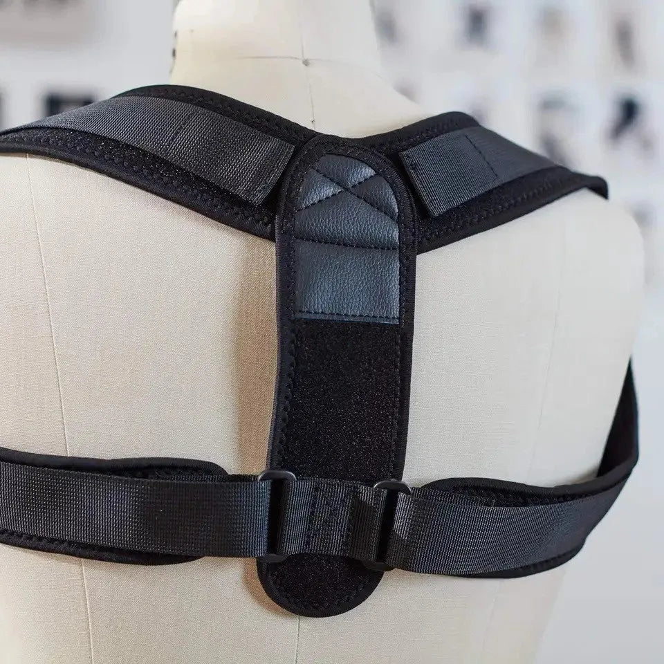Black adjustable breathable posture correction strap shown on a white background.