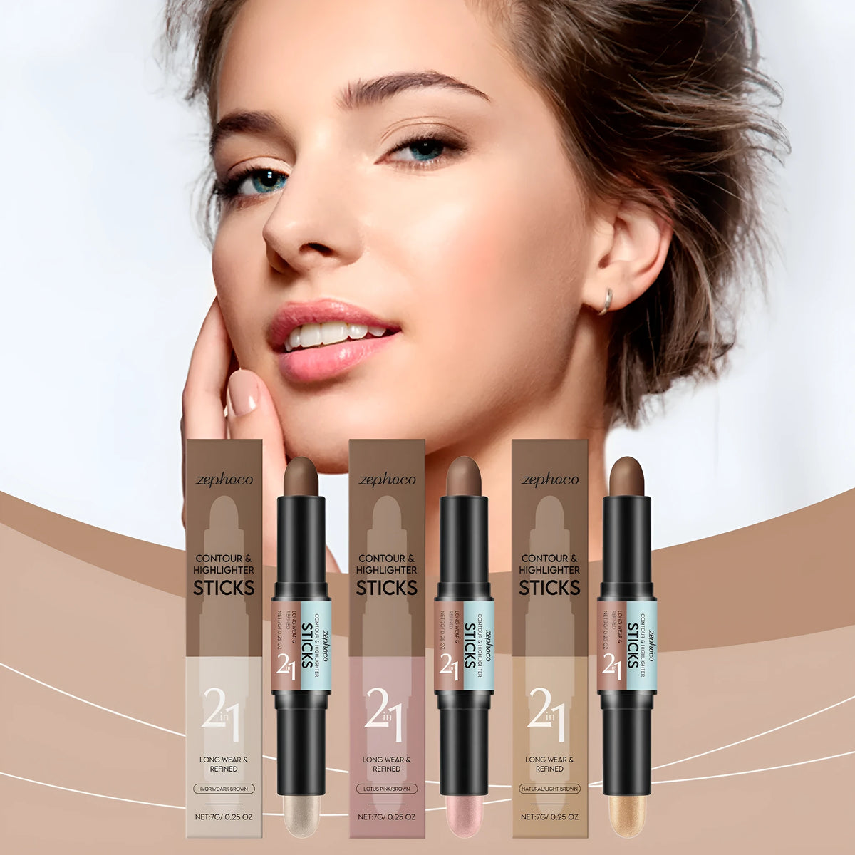 2-in-1 outline highlighter stick for brows and highlighting in three natural shades