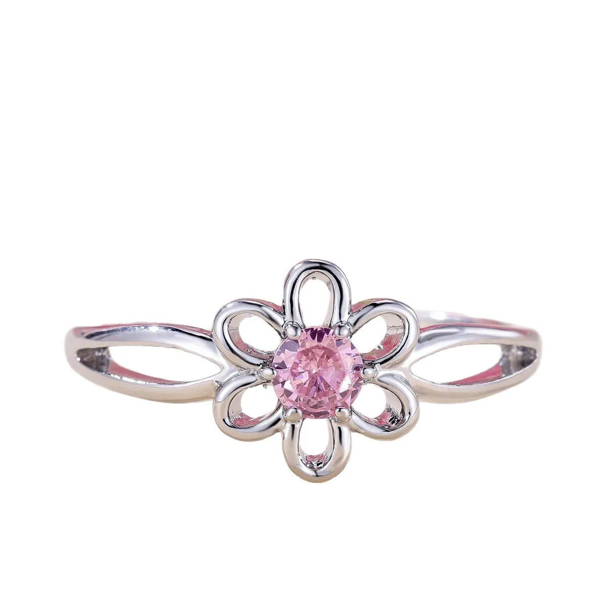 Women's hollowed flower fashion ring in copper with electroplated finish on a size chart.