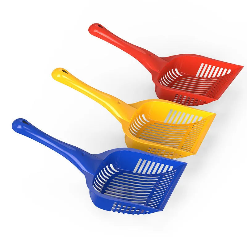 Red, yellow, and blue plastic cat litter scoops in two size options for toilet cleaning.