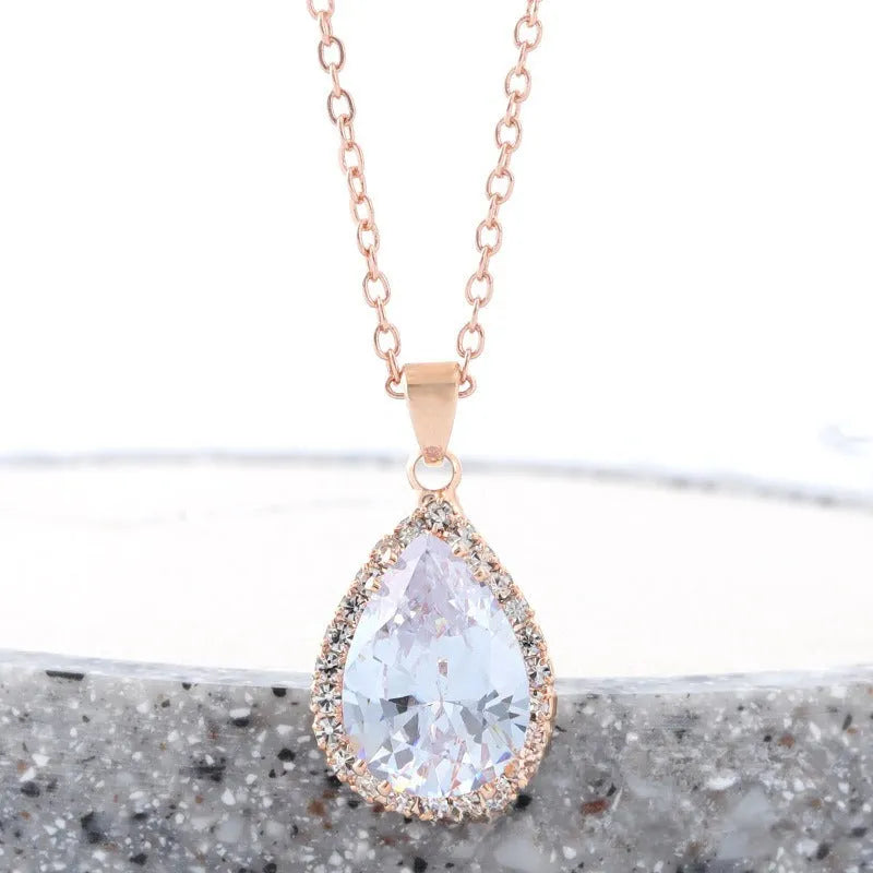 Rose gold pink women's geometric rhinestone necklace with drop shape pendant