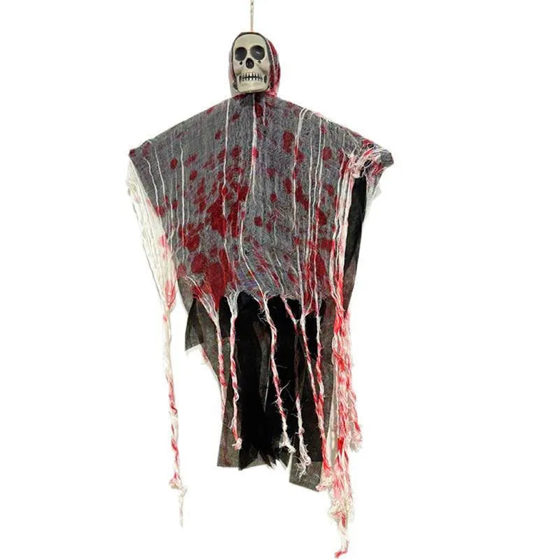 Blood-dyed luminous plastic skull and hanging ghost Halloween ornament