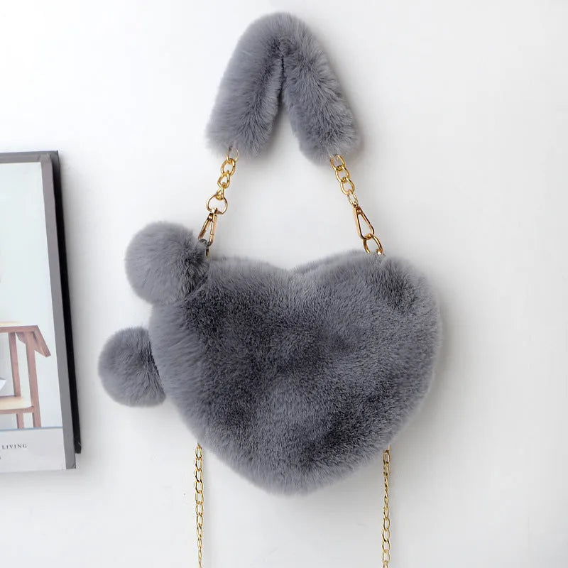Heart-shaped soft plush women's handbag with detachable strap in medium size
