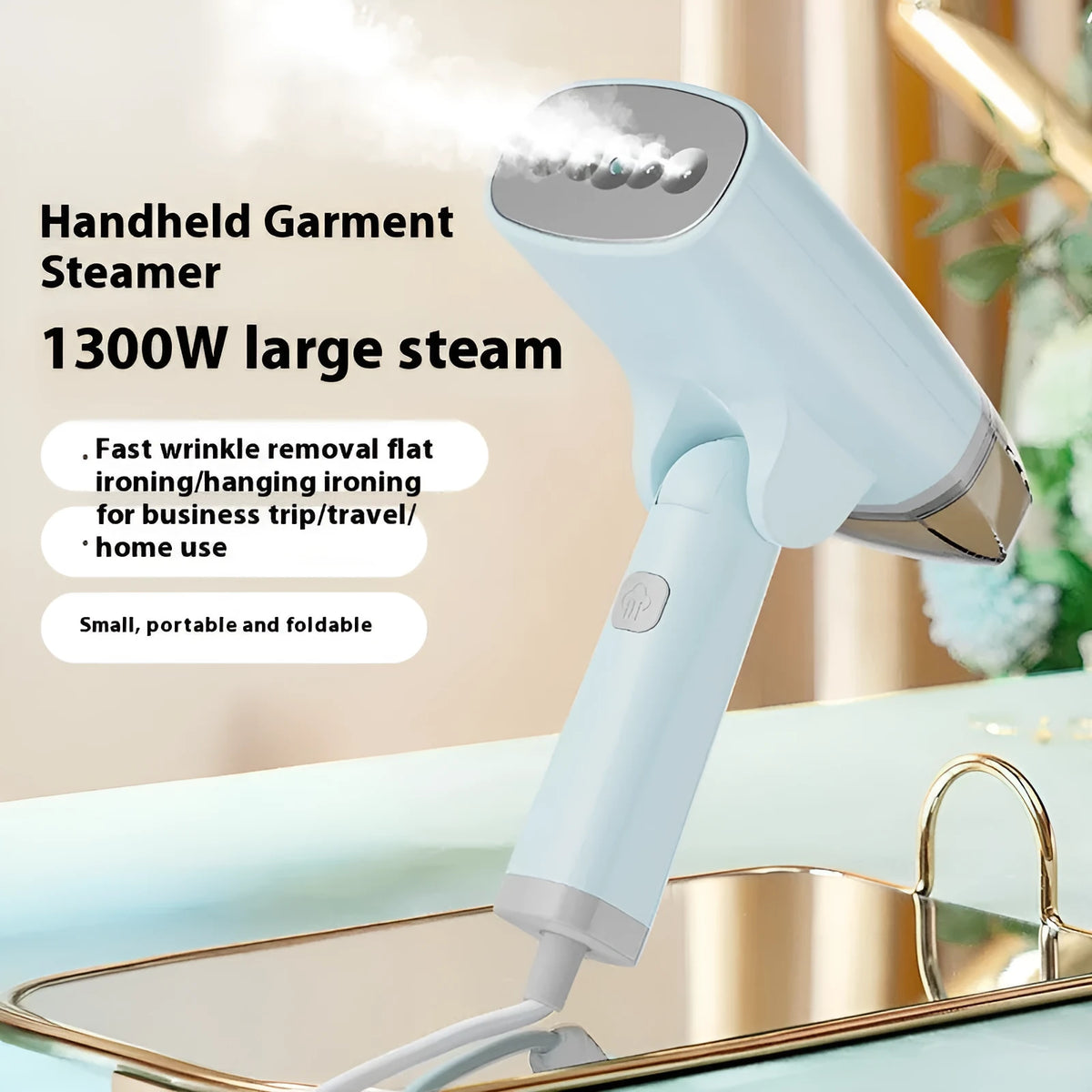 Blue and white handheld garment steamer with water tank and nozzle.