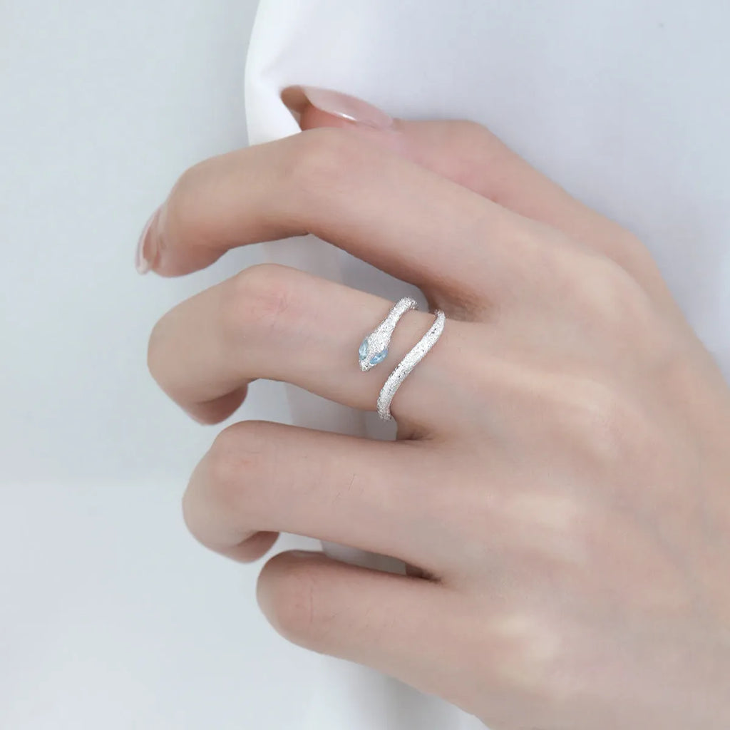 Adjustable silver snake ring for women with electroplated platinum colour finish.