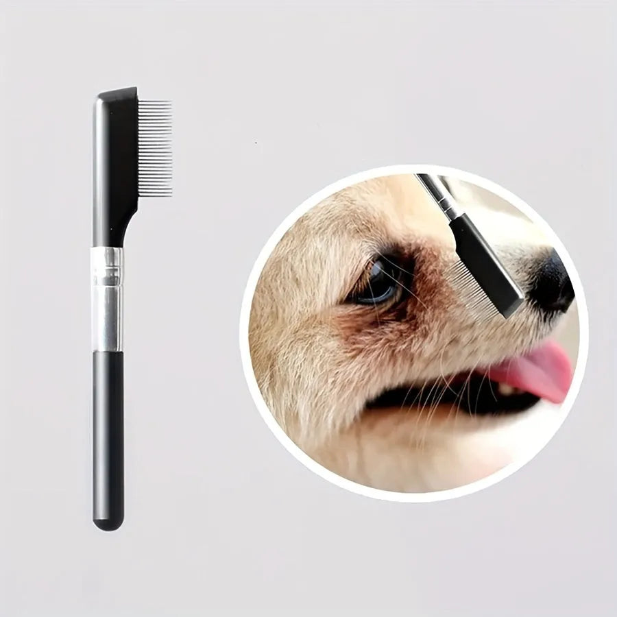 Black pet grooming brush with soft bristles for gentle eye area cleaning on dogs and cats