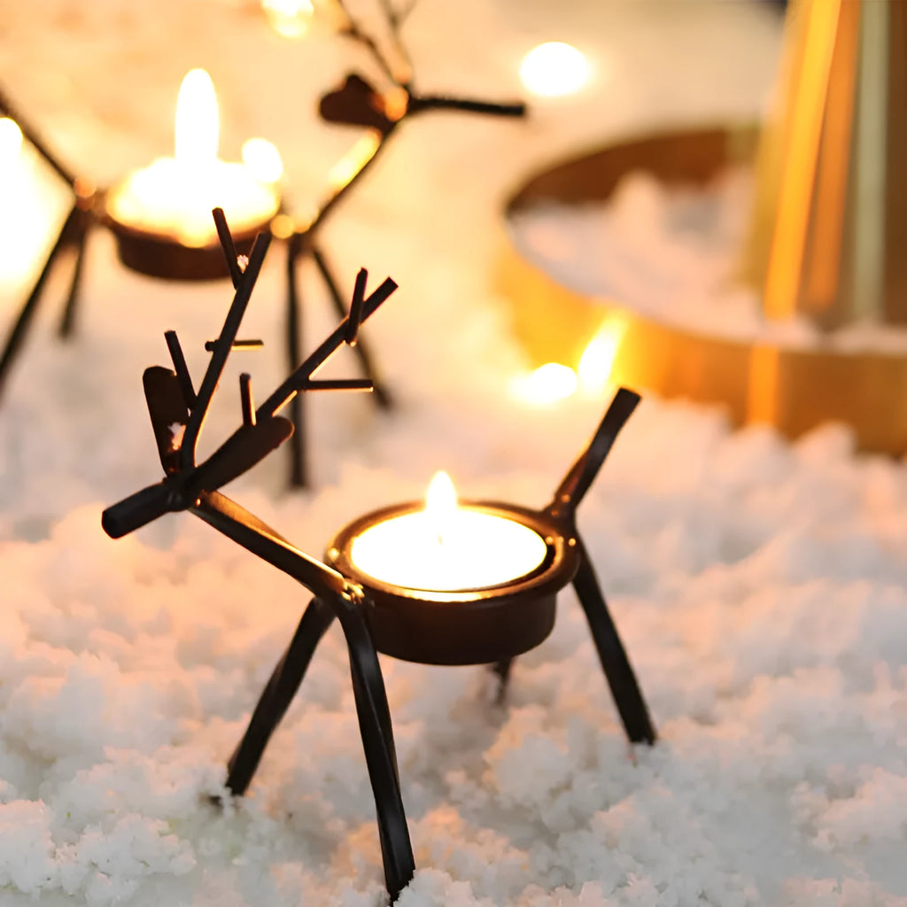 Iron Christmas deer candlestick holder with elk silhouette design