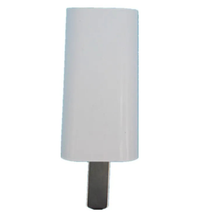 Thin white USB wall charger with CE and FCC markings showing universal voltage input and 5V 1A output