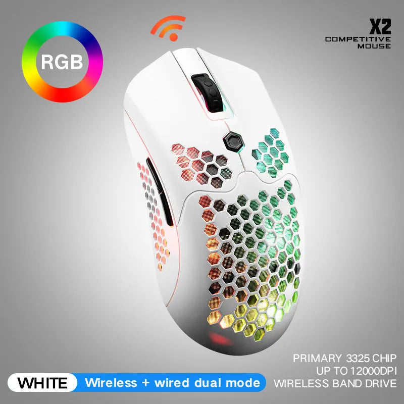 Free Wolf X2 wireless RGB gaming mouse with honeycomb shell in black, green, pink, white or yellow
