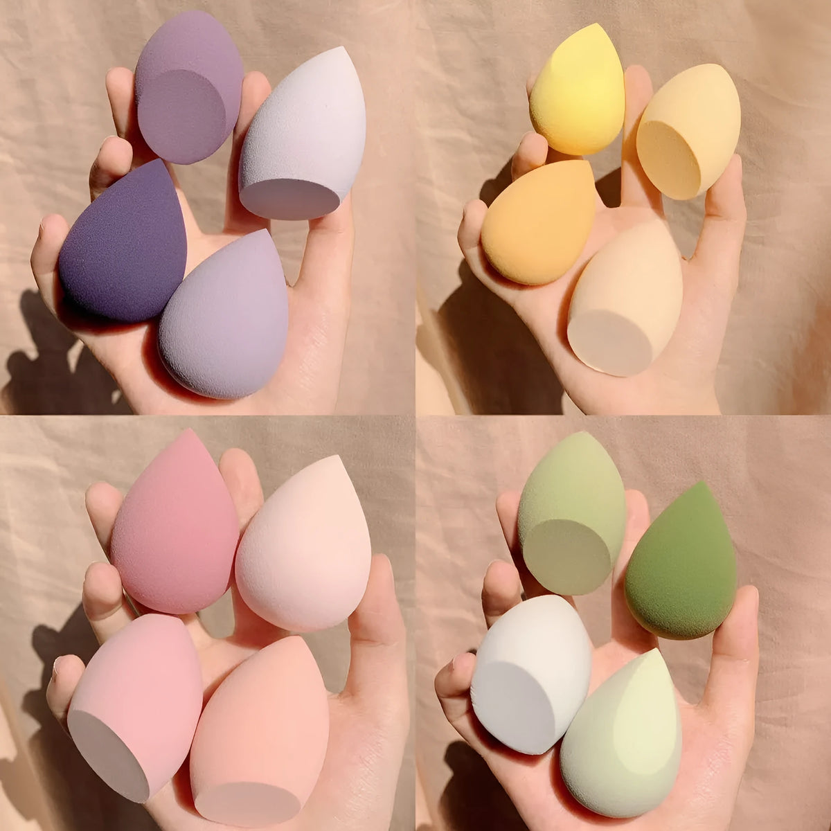 Four colourful makeup sponge eggs in grape, mango, mint and peach colours for cosmetic application