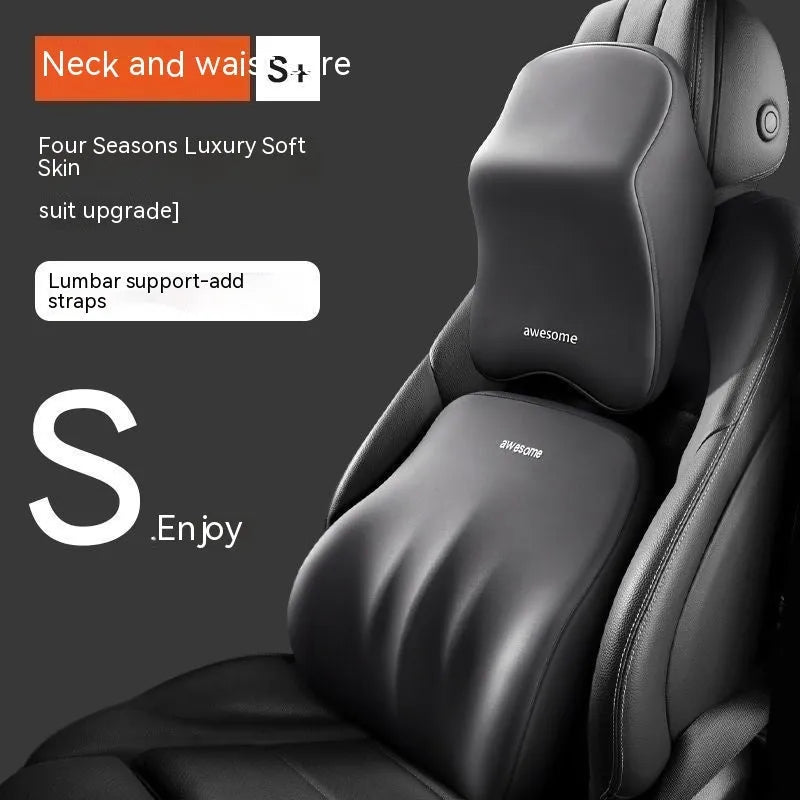 Memory foam automotive pillow set showing headrest and lumbar support pillows in solid colours
