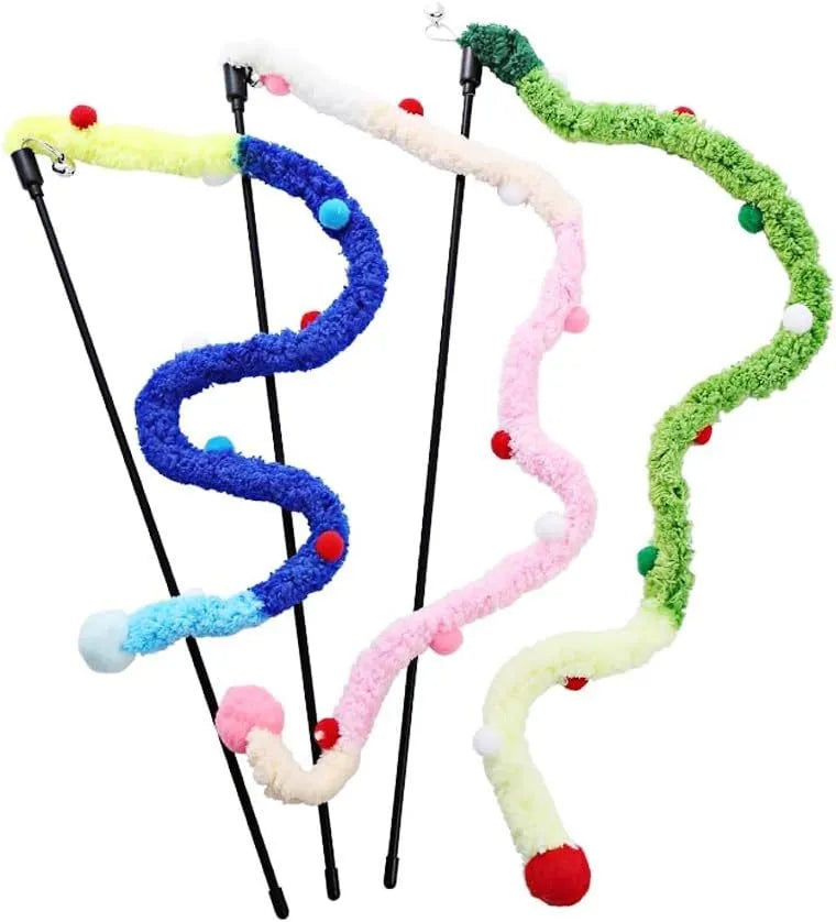 Colourful cat wand toy with plush strip and bell on 41cm pole for interactive play